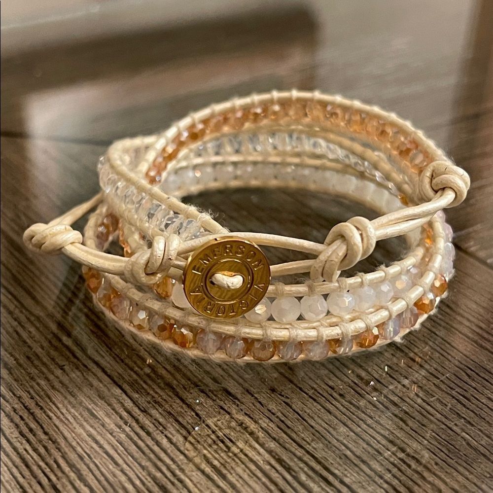 Victoria Emerson Pearly Leather, Crystal Wrap Bracelet Gold-tone Button